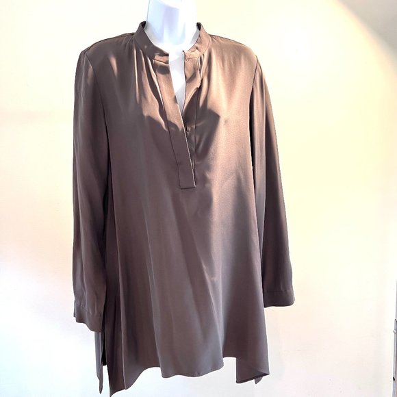 New Lafayette 148 Mink/Brown Long Sleeve Matte Silk Pullover Tunic Sz M - Picture 1 of 5